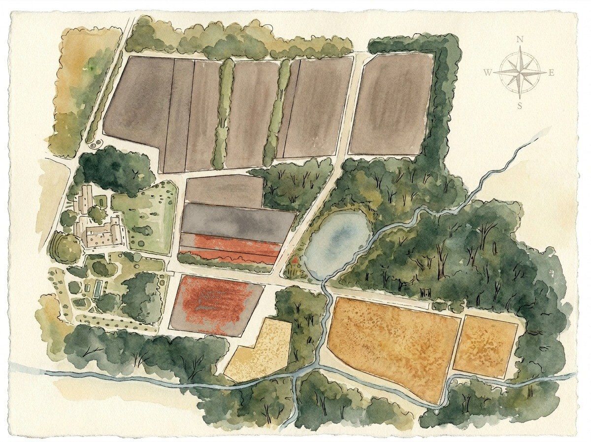 Aquarellierte Karte der Domaine aux Conseillans mit Château, Parzellen, Teich und Waldflächen